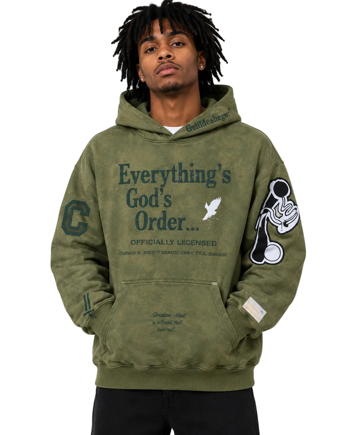 Person wearing a green hoodie with text and graphics on a gray background