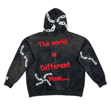 Black hoodie with red text and white chain designs on a white background