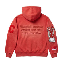 Red hoodie with text and logo on the back against a white background