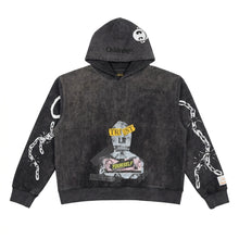 Black hoodie with graphic designs and text on a white background