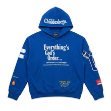 Blue hoodie with text and branding on a white background