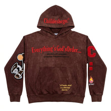 Brown hoodie with red and white text and graphics on a white background