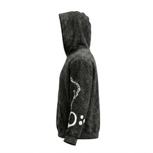 Dark gray hoodie with white designs on the back against a white background