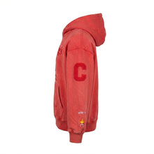 Red hoodie with a large 'C' logo on the back against a white background