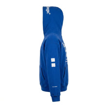 Blue hoodie with white text and logos on a white background