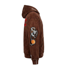 Brown hoodie with a logo on the back against a white background