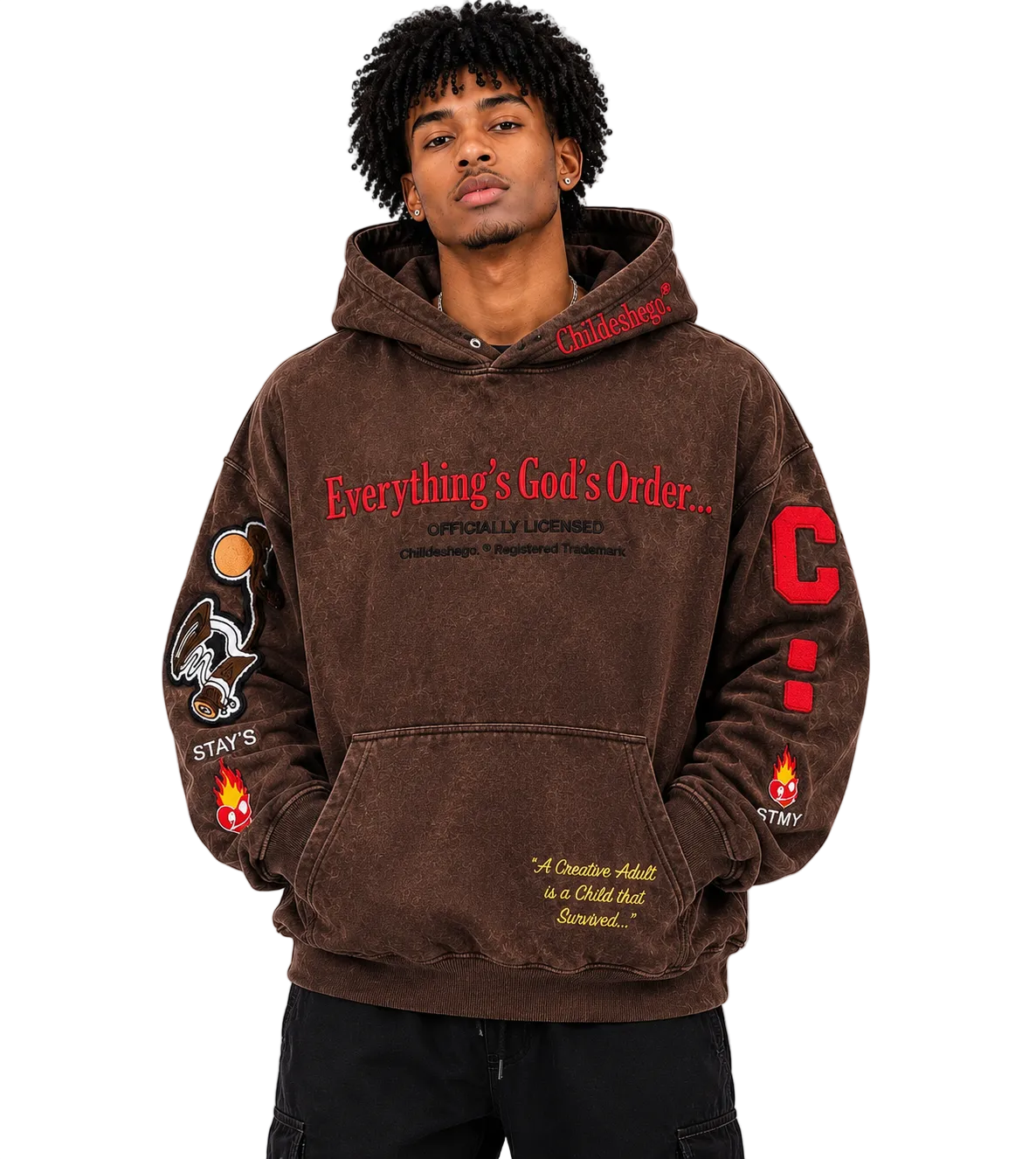 Man wearing a brown hoodie with text and logos on a white background