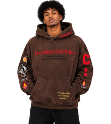 Man wearing a brown hoodie with text and logos on a white background