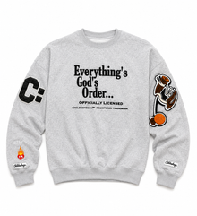 Gray sweatshirt with text and logos on a white background