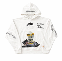 White hoodie with graphic designs and text on a white background