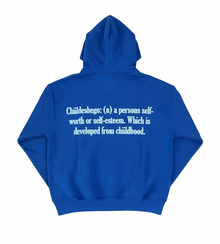 Blue hoodie with text on the back on a white background