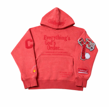 Red hoodie with text and graphics on a white background