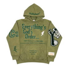 An olive green hoodie with 'Childlesshego' branding and religious-themed text and graphics, laid flat on a white surface.